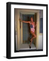 Model Standing in Doorway Modeling Ralph Lauren's Cotton and Lycra One Piece Flag Bathing Suit-Ted Thai-Framed Premium Photographic Print