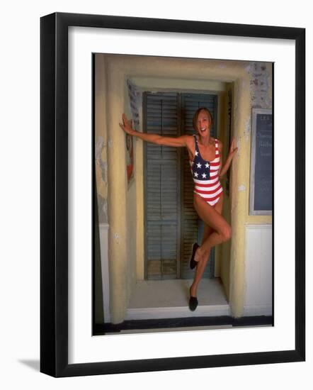 Model Standing in Doorway Modeling Ralph Lauren's Cotton and Lycra One Piece Flag Bathing Suit-Ted Thai-Framed Premium Photographic Print