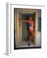 Model Standing in Doorway Modeling Ralph Lauren's Cotton and Lycra One Piece Flag Bathing Suit-Ted Thai-Framed Premium Photographic Print