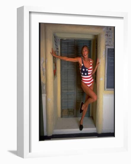 Model Standing in Doorway Modeling Ralph Lauren's Cotton and Lycra One Piece Flag Bathing Suit-Ted Thai-Framed Premium Photographic Print