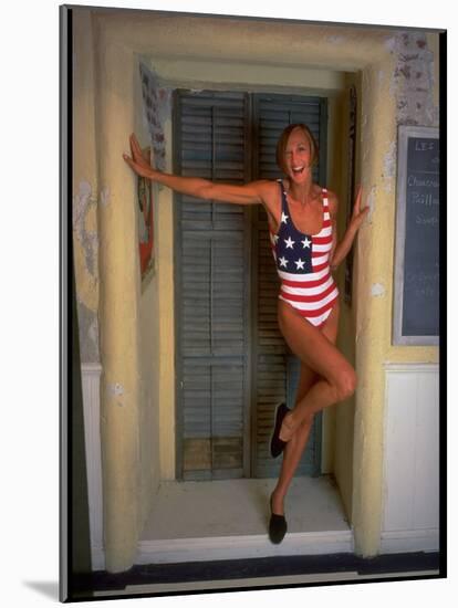 Model Standing in Doorway Modeling Ralph Lauren's Cotton and Lycra One Piece Flag Bathing Suit-Ted Thai-Mounted Premium Photographic Print