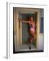 Model Standing in Doorway Modeling Ralph Lauren's Cotton and Lycra One Piece Flag Bathing Suit-Ted Thai-Framed Photographic Print