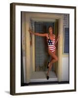 Model Standing in Doorway Modeling Ralph Lauren's Cotton and Lycra One Piece Flag Bathing Suit-Ted Thai-Framed Photographic Print