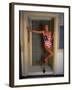 Model Standing in Doorway Modeling Ralph Lauren's Cotton and Lycra One Piece Flag Bathing Suit-Ted Thai-Framed Photographic Print