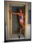 Model Standing in Doorway Modeling Ralph Lauren's Cotton and Lycra One Piece Flag Bathing Suit-Ted Thai-Mounted Photographic Print