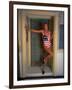 Model Standing in Doorway Modeling Ralph Lauren's Cotton and Lycra One Piece Flag Bathing Suit-Ted Thai-Framed Photographic Print