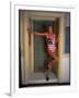 Model Standing in Doorway Modeling Ralph Lauren's Cotton and Lycra One Piece Flag Bathing Suit-Ted Thai-Framed Photographic Print