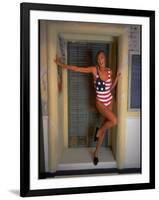 Model Standing in Doorway Modeling Ralph Lauren's Cotton and Lycra One Piece Flag Bathing Suit-Ted Thai-Framed Photographic Print