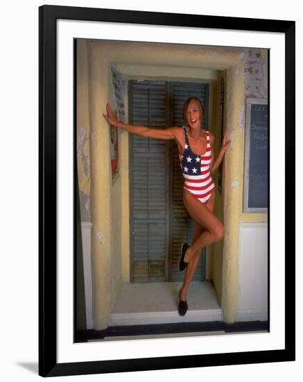 Model Standing in Doorway Modeling Ralph Lauren's Cotton and Lycra One Piece Flag Bathing Suit-Ted Thai-Framed Photographic Print