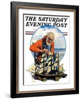 "Model Three Masted Ship," Saturday Evening Post Cover, September 17, 1927-J.F. Kernan-Framed Giclee Print