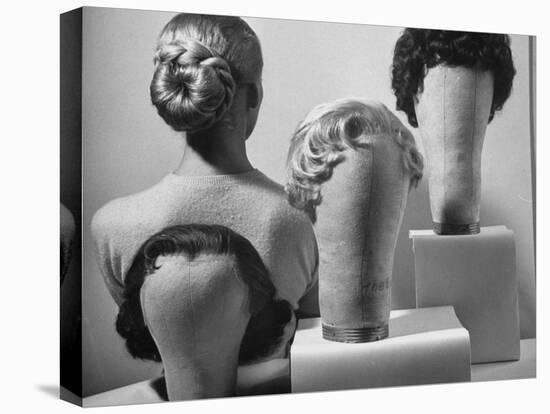 Model Vikki Dougan Wearing Attachable Bun of Extra Hair, Next to Other Wigs-Nina Leen-Stretched Canvas