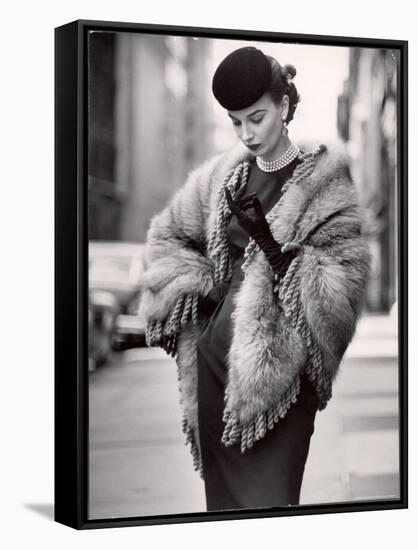 Model Wearing a Fringed Shawl Made of Natural Norwegian Blue Fox, Selling For $750-Gordon Parks-Framed Stretched Canvas