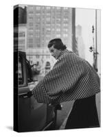 Model Wearing Checkered, Deep Cuffed Fleece Coat Designed by Pauline Trigere-Nina Leen-Stretched Canvas