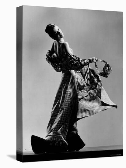 Model Wearing Checkered Evening Dress with Matching Evening Bag, Gloves and Stole-Gjon Mili-Stretched Canvas