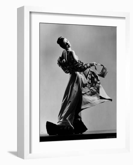 Model Wearing Checkered Evening Dress with Matching Evening Bag, Gloves and Stole-Gjon Mili-Framed Photographic Print