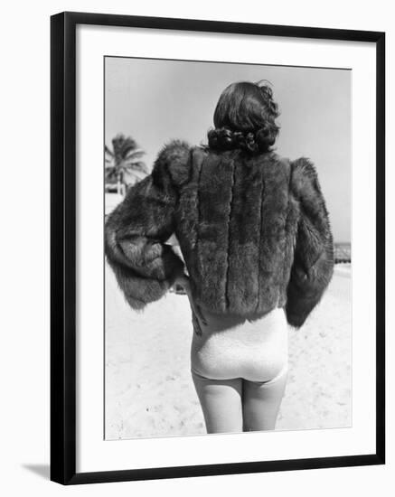 Model Wearing Fur Jacket over Bathing Suit During Walk on Miami's Beac-Alfred Eisenstaedt-Framed Photographic Print