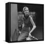 Model Wearing Gray Flannel Sheath and Mink Scarf-Nina Leen-Framed Stretched Canvas