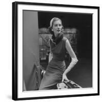 Model Wearing Gray Flannel Sheath and Mink Scarf-Nina Leen-Framed Photographic Print