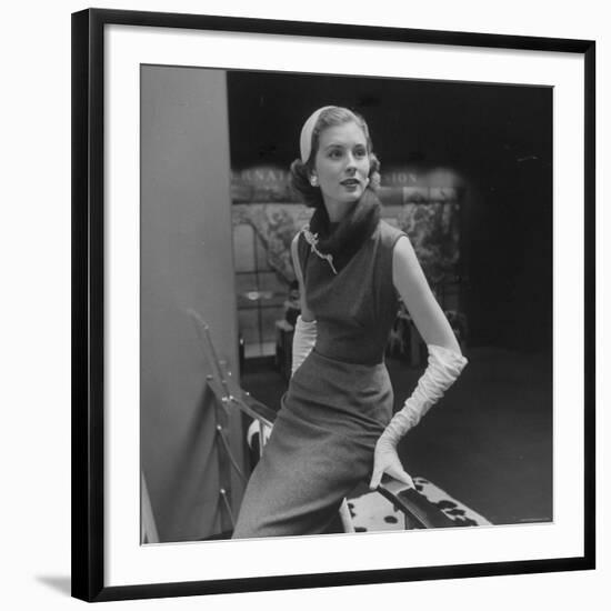 Model Wearing Gray Flannel Sheath and Mink Scarf-Nina Leen-Framed Photographic Print