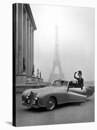Model Wearing Jacques Fath Ensemble Beside 1947 Model Delahaye Automobile-Tony Linck-Stretched Canvas