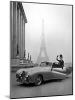 Model Wearing Jacques Fath Ensemble Beside 1947 Model Delahaye Automobile-Tony Linck-Mounted Photographic Print