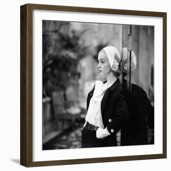 Model Wearing Latest Women's Spring Fashion Suit with White Gloves. New York, NY January 1957-Gordon Parks-Framed Photographic Print