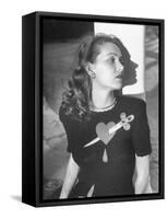 Model Wearing Sweater with Heart Pierced by Jeweled Dagger-Nina Leen-Framed Stretched Canvas