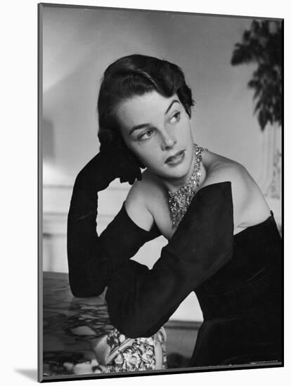 Model Wearing the Longest Gloves Designed by Hattie Carnegie Which Almost Cover the Shoulders-Nina Leen-Mounted Photographic Print
