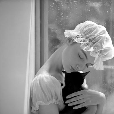 Model with Cap Embracing a Cat, 1960s' Giclee Print - John French | AllPosters.com