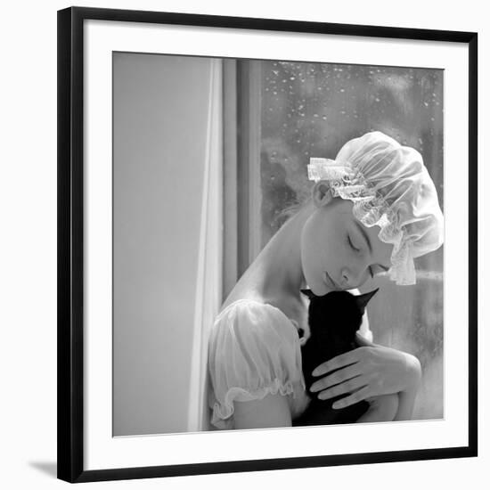 Model with Cap Embracing a Cat, 1960s-John French-Framed Giclee Print