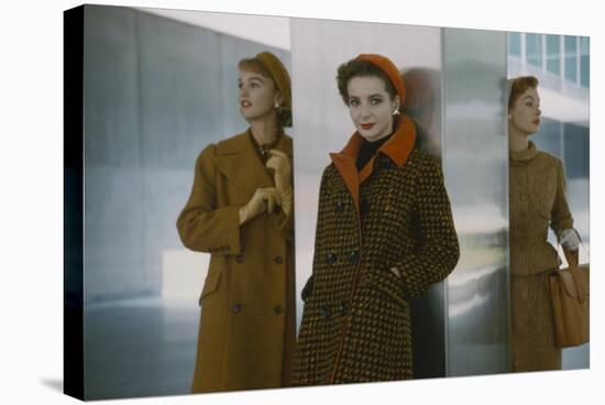 Models in Autumn Coats and Berets as They Pose Beside a Column in Lever House, New York, NY, 1954-Nina Leen-Stretched Canvas