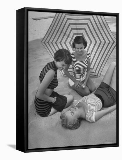 Models on Beach Wearing Latest Beach Fashions-Nina Leen-Framed Stretched Canvas