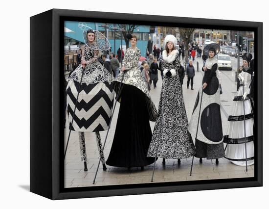 Models on Stilts Present "High Fashion" on the Famous "Jungfernstieg" Boulevard in Hamburg, Germany-null-Framed Stretched Canvas