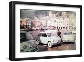 Models Posing Among the New Fiat 500 Models-null-Framed Giclee Print