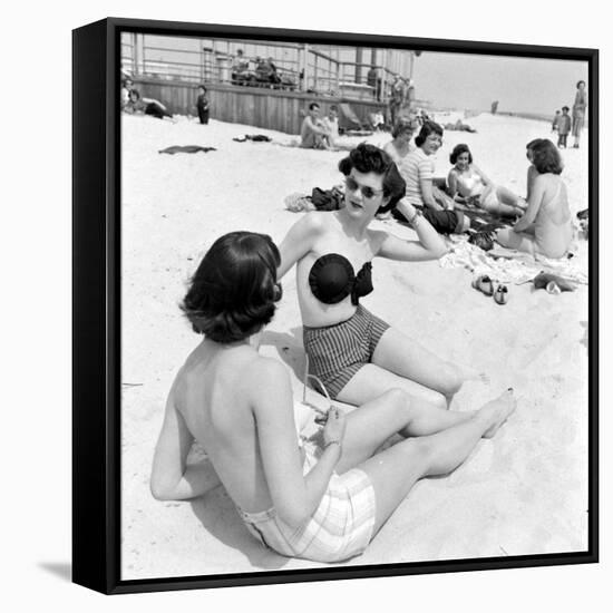 Models Sporting Adhesive Strapless Brassiere Designed by Charles L. Langs, Jones Beach, NY, 1949-Nina Leen-Framed Stretched Canvas