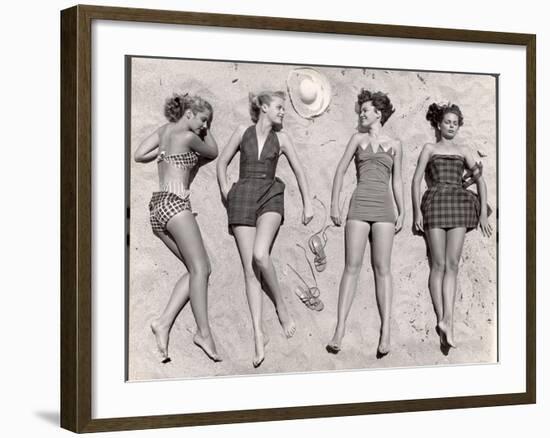 Models Sunbathing, Wearing Latest Beach Fashions-Nina Leen-Framed Photographic Print