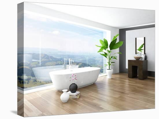 Modern Bathroom Interior with White Bathtub Against Huge Window with Landscape View-PlusONE-Stretched Canvas