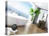 Modern Bathroom Interior with White Bathtub Against Huge Window with Landscape View-PlusONE-Stretched Canvas