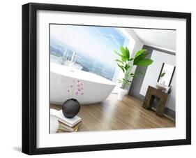 Modern Bathroom Interior with White Bathtub Against Huge Window with Landscape View-PlusONE-Framed Photographic Print