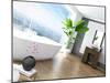 Modern Bathroom Interior with White Bathtub Against Huge Window with Landscape View-PlusONE-Mounted Photographic Print