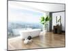 Modern Bathroom Interior with White Bathtub Against Huge Window with Landscape View-PlusONE-Mounted Photographic Print