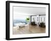 Modern Bathroom Interior with White Bathtub Against Huge Window with Landscape View-PlusONE-Framed Photographic Print