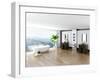 Modern Bathroom Interior with White Bathtub Against Huge Window with Landscape View-PlusONE-Framed Photographic Print