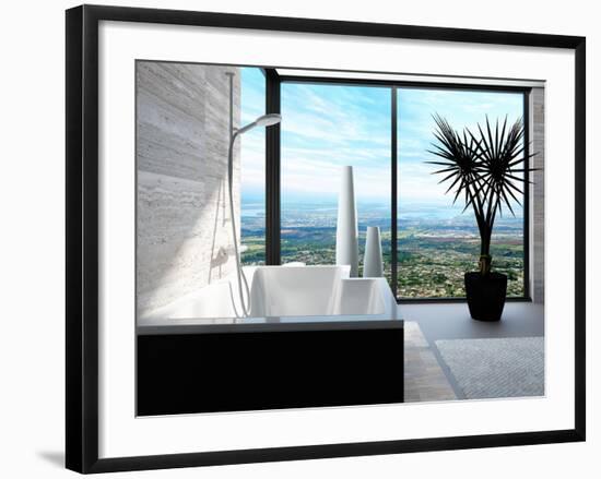 Modern Bathtub in a Bathroom Interior with Floor to Ceiling Windows with Panoramic View-PlusONE-Framed Photographic Print