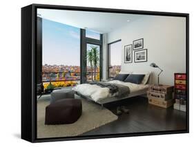 Modern Bedroom Interior with Huge Windows and Vintage Furniture-PlusONE-Framed Stretched Canvas