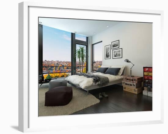 Modern Bedroom Interior with Huge Windows and Vintage Furniture-PlusONE-Framed Photographic Print