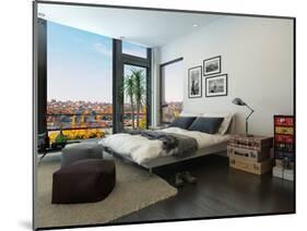 Modern Bedroom Interior with Huge Windows and Vintage Furniture-PlusONE-Mounted Photographic Print