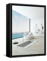 Modern Floor Bathtub Against Huge Window with Seascape View-PlusONE-Framed Stretched Canvas