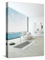 Modern Floor Bathtub Against Huge Window with Seascape View-PlusONE-Stretched Canvas
