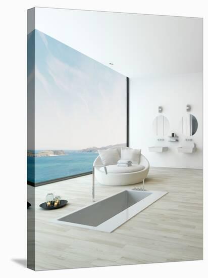 Modern Floor Bathtub Against Huge Window with Seascape View-PlusONE-Stretched Canvas